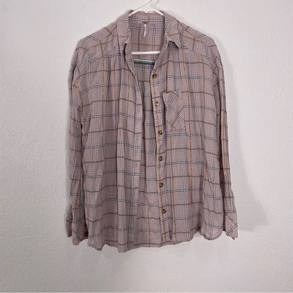 Free People Light Pink with Blue & Gold Shimmer Plaid Collared Button Shirt XS